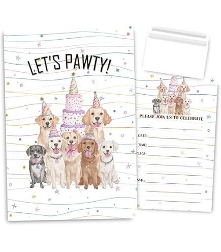 Dog Birthday Party Invitations - 20 Pack Let's Pawty Theme Cards With Envelopes