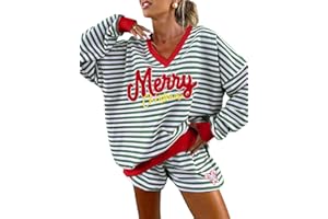 LUKYCILD Women Striped Christmas Sets V Neck Lounge Short Set Matching Sweatsuit with Pockets Casual Xmas Pjs 2 Piece Outfits
