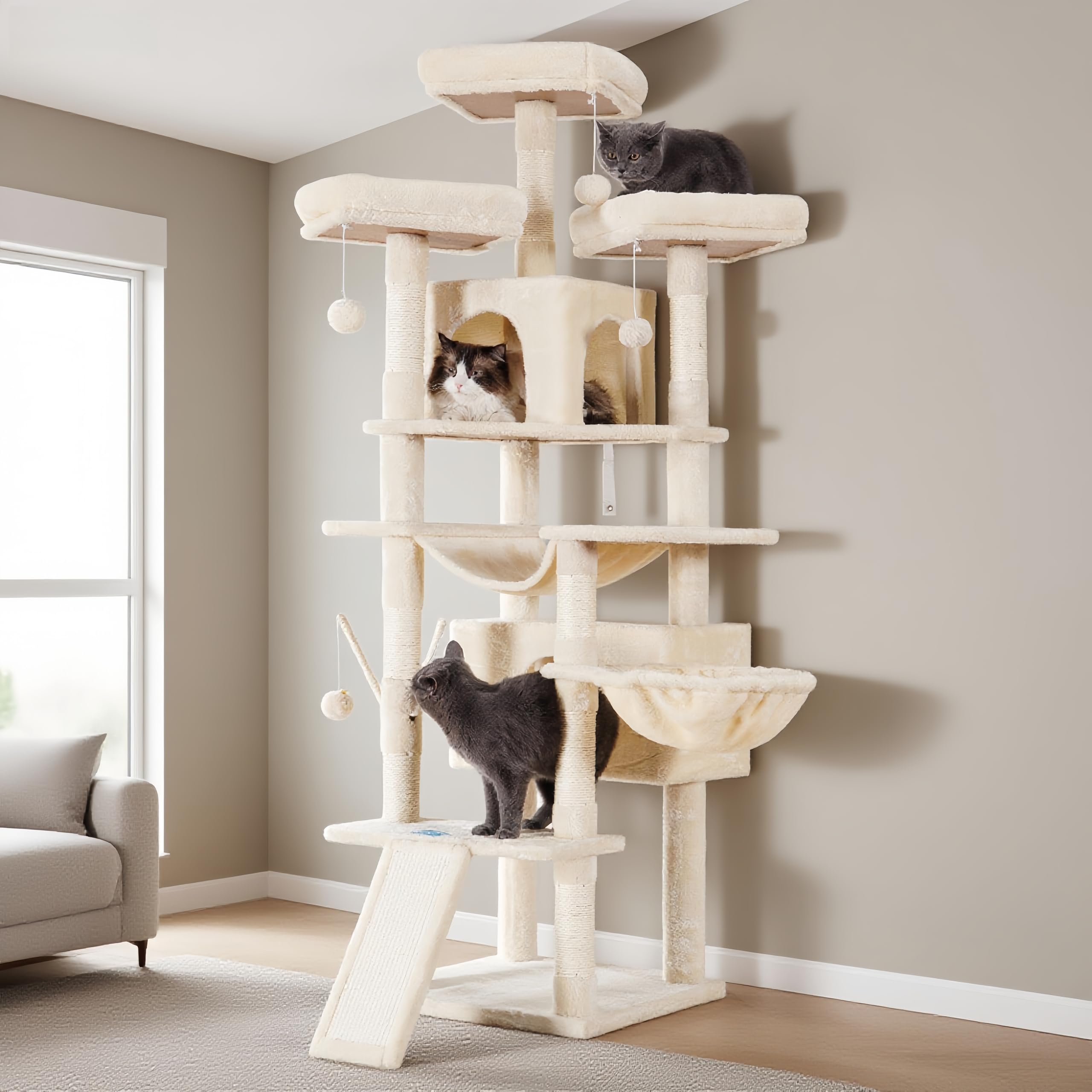 Photo 1 of Hey-brother Cat Tree, 71 inches XL Large Cat Tower for Indoor Cats, Multi-Level Cat House with 3 Padded Perches, Big Scratcher, Cozy Basket, 2 Cat Condos and Scratching Posts, Beige MPJ034M