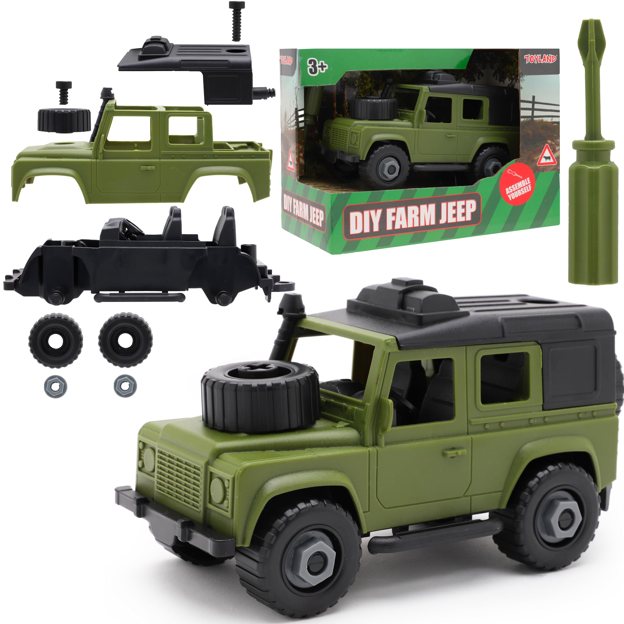 Toyland® 17cm (7") Green DIY Farm Jeep with Multifunctional Screwdriver - Build Your Own 4x4 - Toy Vehicles