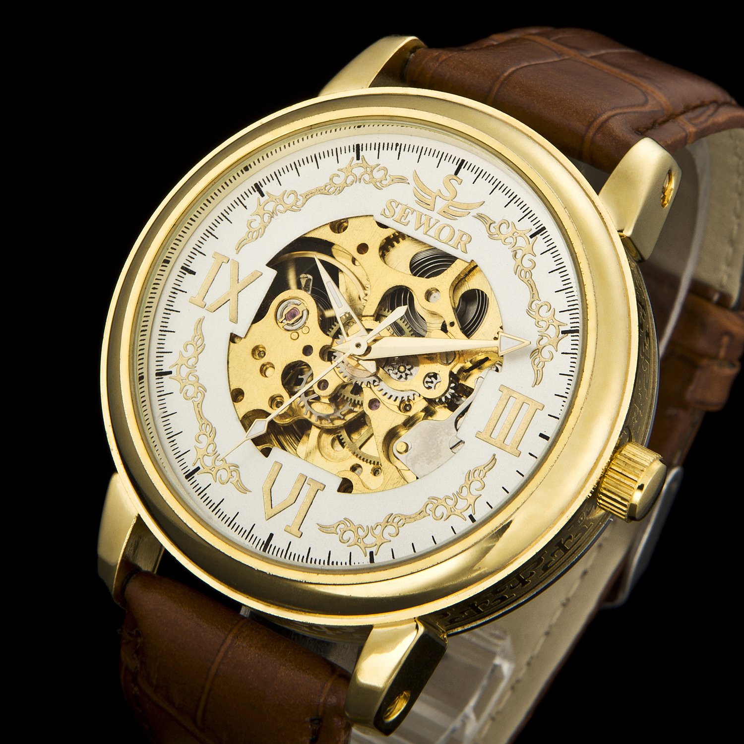 SEWOR Crusader Orologio da polso meccanico con scheletro trasparente a mano da uomo con cassa in pelle marrone e oro (Oro & Bianco)