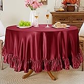 Entisn Ruffle Round Tablecloth 90 Inch, Burgundy Satin Table Cover Include 5 Inch Flounce Trim for 30-72 Inch Table, Washable Wrinkle Resistant Silky Decor for Banquet, Party, Kitchen