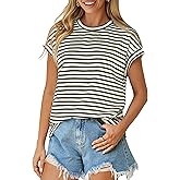 Glamaker Women Cap Sleeve Basic Tops Crewneck Striped Tee Shirts Summer Short Sleeve T-Shirt Casual Fashion Clothes 2026