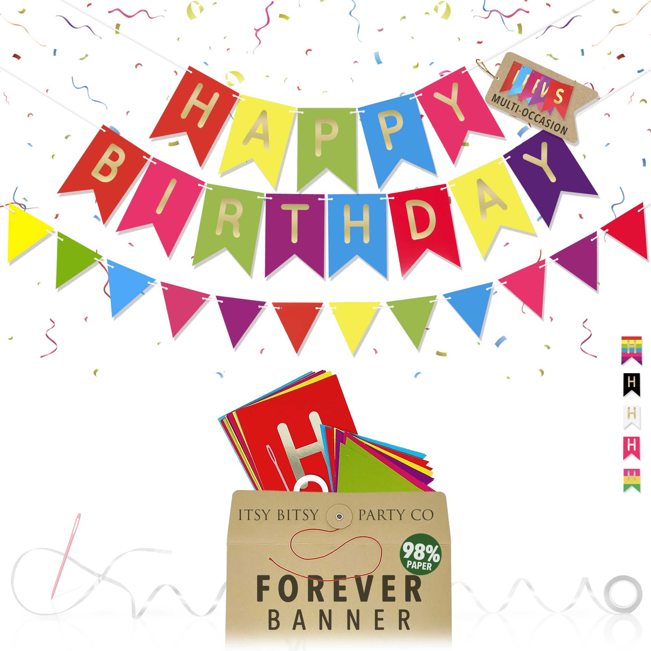 Premium Reusable Birthday Decorations - Multi-occasion Colourful Happy Birthday Banner & Bunting, Also spells Party Day, Happy Easter, and more - Party Decorations for Girls Boys Men Women