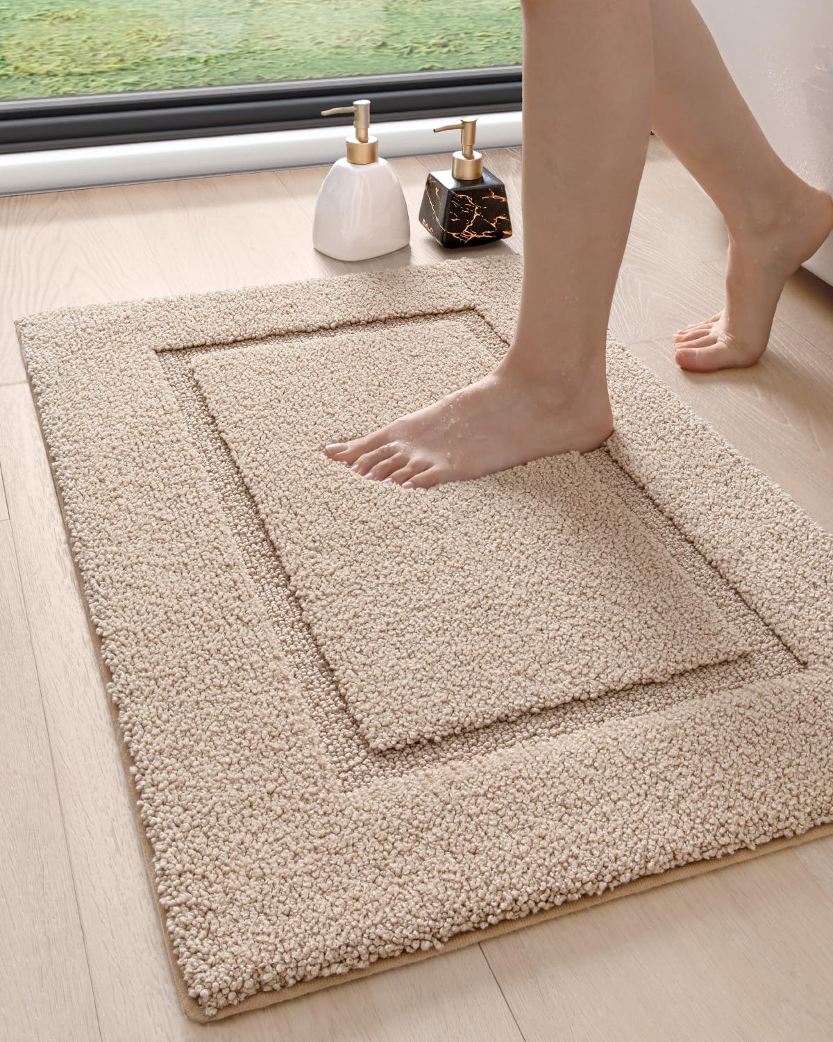 Photo 1 of **DIRT**DEXI Bathroom Rugs 36x24, Washable Non Slip Bath Mat for Shower Floor, Absorbent Quick Dry Bathmat with Rubber Backing, Ultra Soft Plush Carpet for Tub, Beige