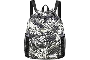Time2go Drawstring Backpack Sports Gym Sackpack with Mesh Pockets Water-Resistant String Cinch Beach Bag for Men Women(Black Waves)