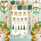 Sage Green Birthday Decorations, Birthday Party Decor with Tissue Paper Pompoms,Paper Tassel,Foil Curtain,Green White Gold Confetti Balloon, Neutral Decorations for Women Men Girl Boy Party Supplies