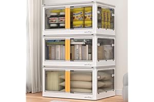 BROVIEW V5 75Gal Plastic Storage Bins with Lids, 3Pack Stackable Collapsible Storage Bins for Closet Organizers and Storage, Folding Storage Container Open Front Cabinets with Doors and Wheels, White