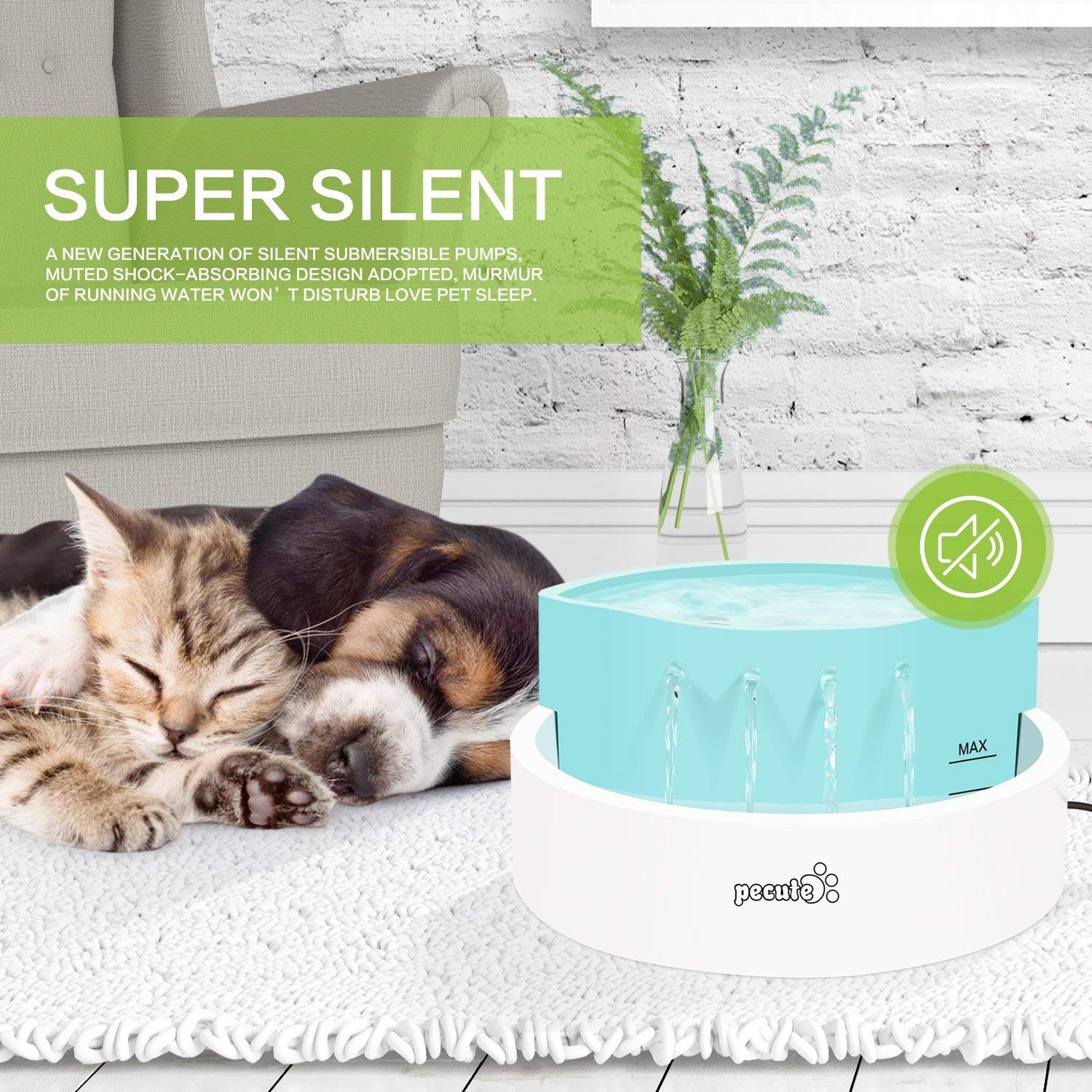 Pecute Cat Water Fountain 45 dB Ultra-Quiet Automatic Circulation USB Electric Water Feeder 1.6L with 2 Filters, Great for Cats, Small Dogs Drinking Indoor Outdoor Use