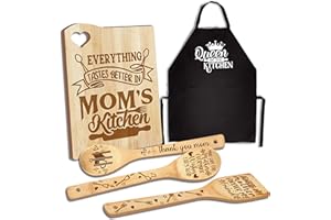 TAESUN Mom Gifts, Mothers Day Mom Kitchen Gifts from Daughters, Mom Birthday Gift Wooden Cutting Board with Cooking Utensils Set with Apron Set, Great Mom Xmas Santa Stocking Stuffer Gift
