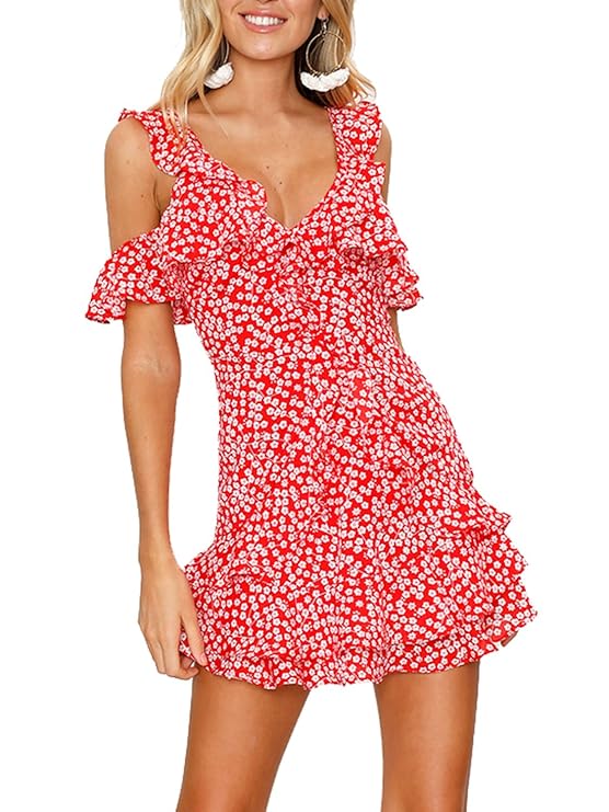 Simplee Women's Sexy Cold Shoulder V Neck Floral Summer Casual Beach Mini Dress
