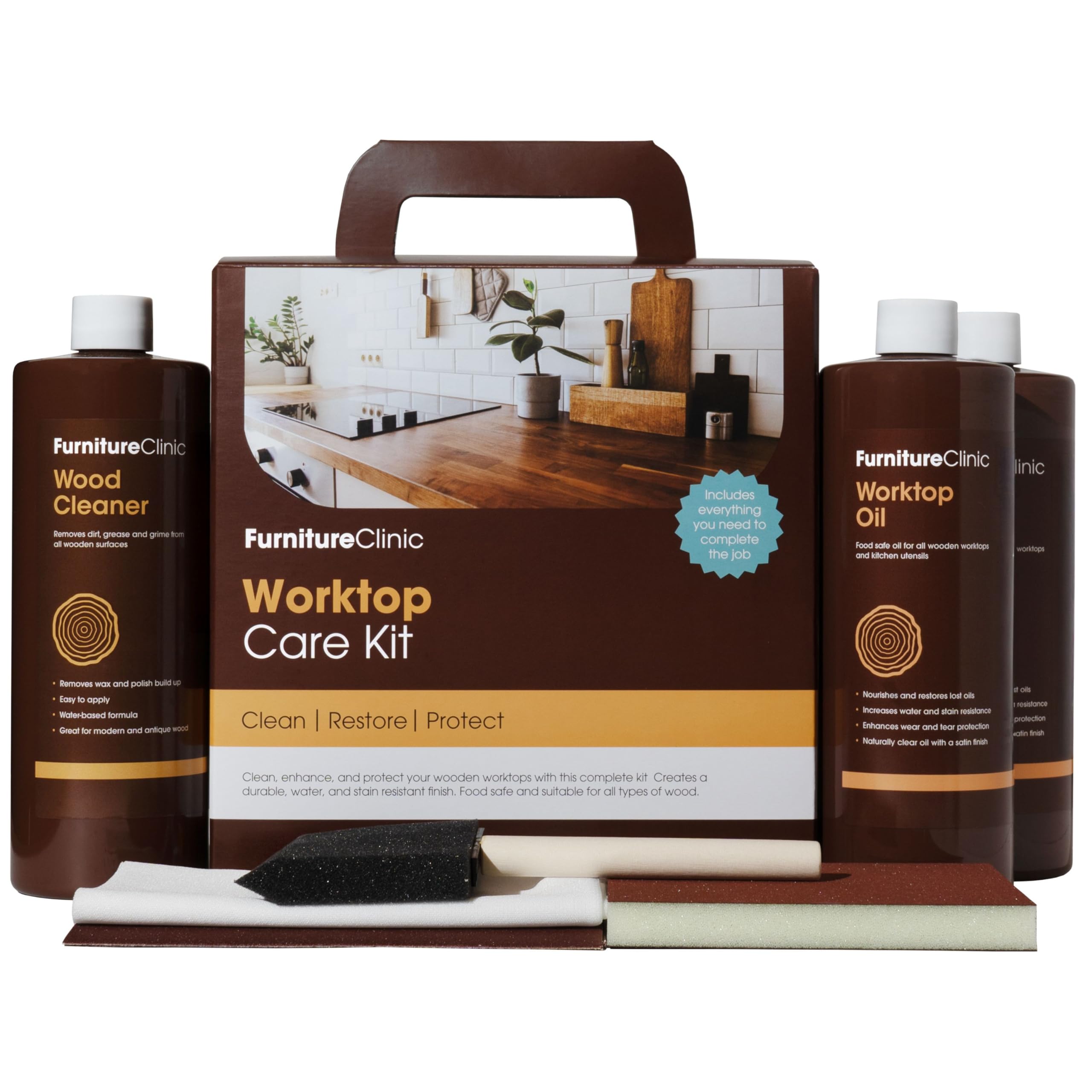 Furniture Clinic Wood Worktop Maintenance Kit - Clean, Restore and Maintain Wood Kitchen Worktops and other Wooden Surfaces