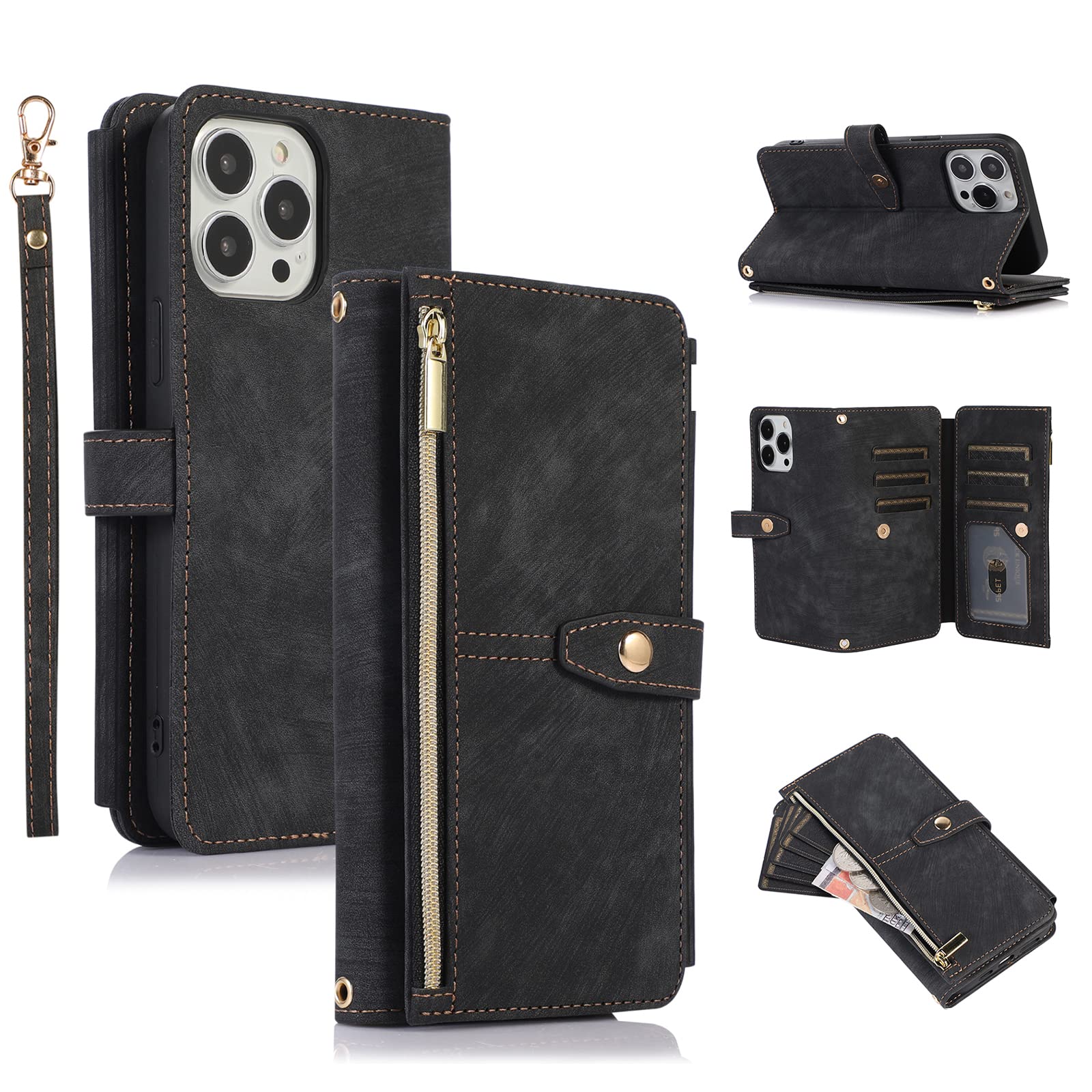 UEEBAI Case for iPhone 12/iPhone 12 Pro 6.1 inch, 9 Card Slots Retro Leather Wallet Shockproof Flip Cover with Hand Strap Card Slots Zipper Pocket Kickstand Handbag Magnetic Closure - Vintage Black