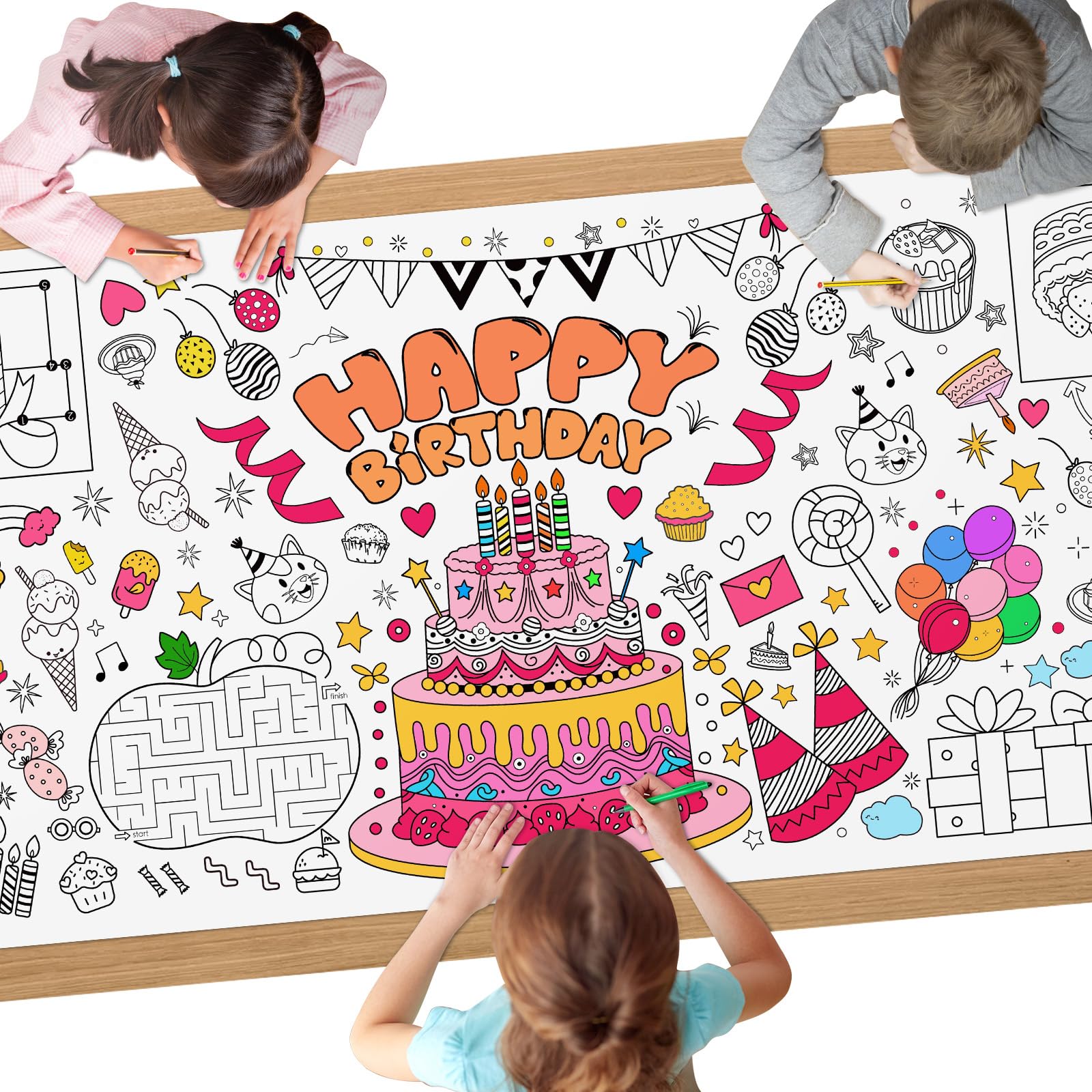 AYESY Birthday Cake Coloring Tablecloth, 72 x 28 inch DIY Kids Party Tablecloth, Giant Colouring Poster Table Cloth for Kids, Boys Girls Birthday Gift, Craft Doodle Art