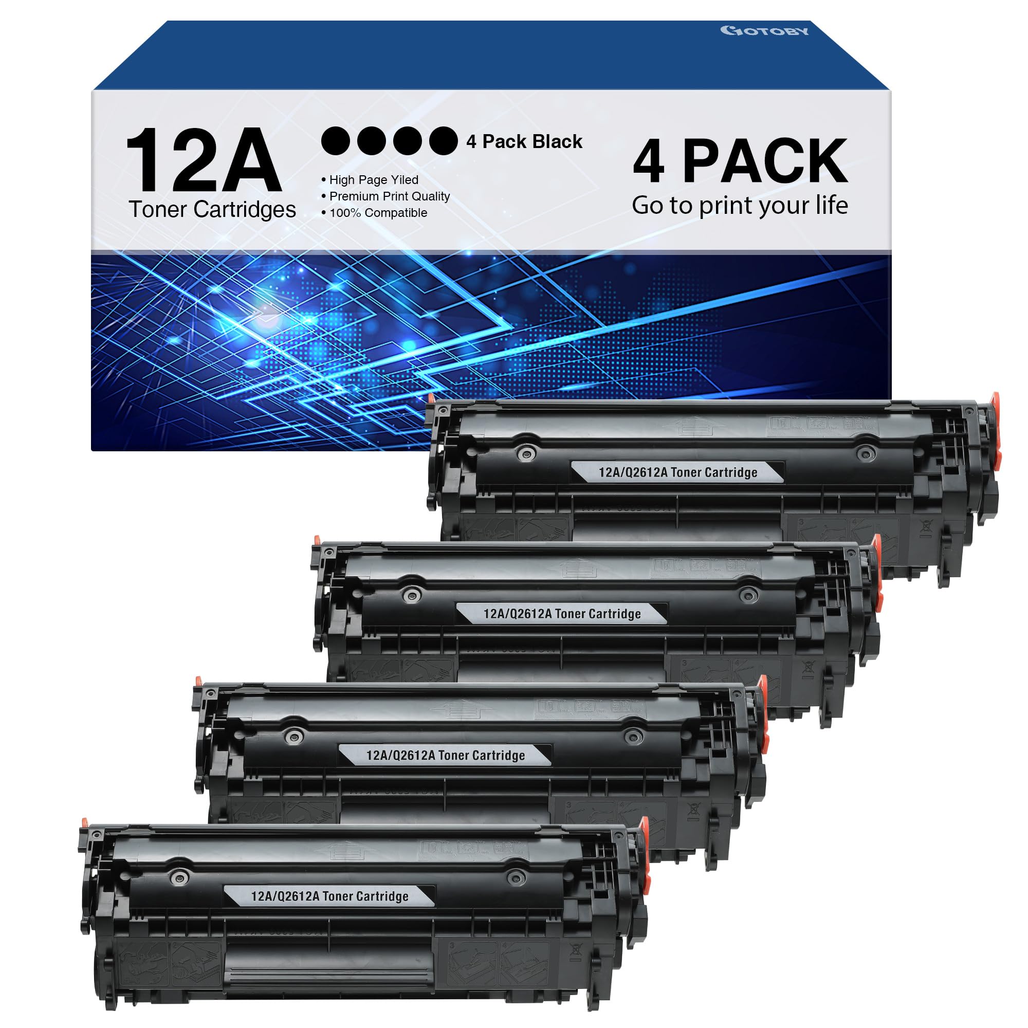 Photo 1 of GOTOBY 12A Toner Cartridge Replacement for HP 12A Q2612A Compatible with Laserjet 1020 1022 1012 1018 1022N 3015 3030 3020 3050 3052 3055 M1005 M1319F Printer(Black,4-Pack)
