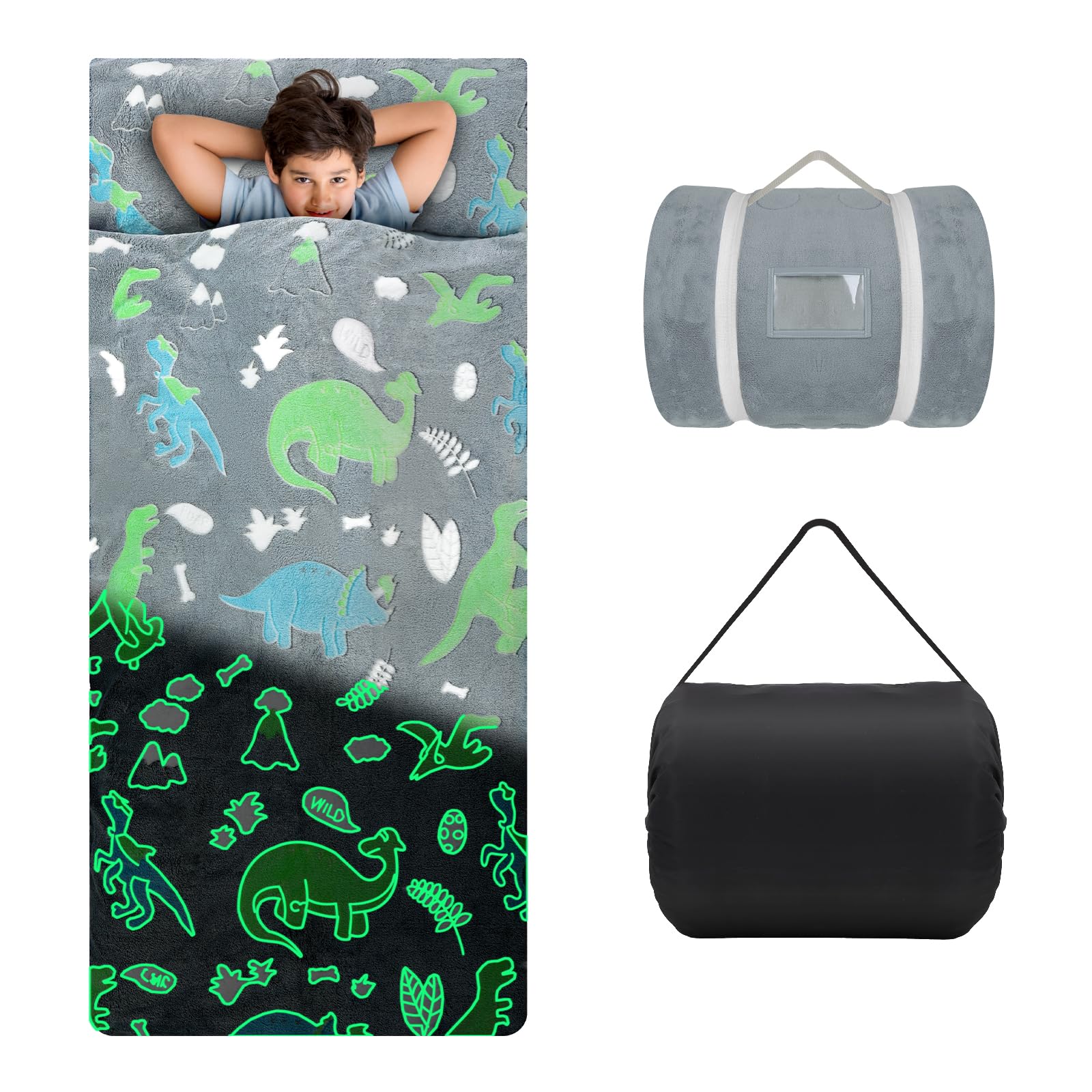 Kids Sleeping Bag with Pillow,Glow in The Dark Nap Mat for Toddlers Boys Girls,Large & Comfy Plush Slumber Bag for Sleepovers Camping Travel,Dinosaur Grey