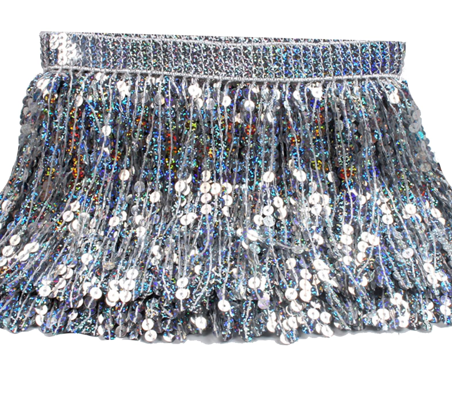 3 Meters Sequin Tassel Trim 15 cm 6" Luxury Fringe Fringing #1 (Silver AB)