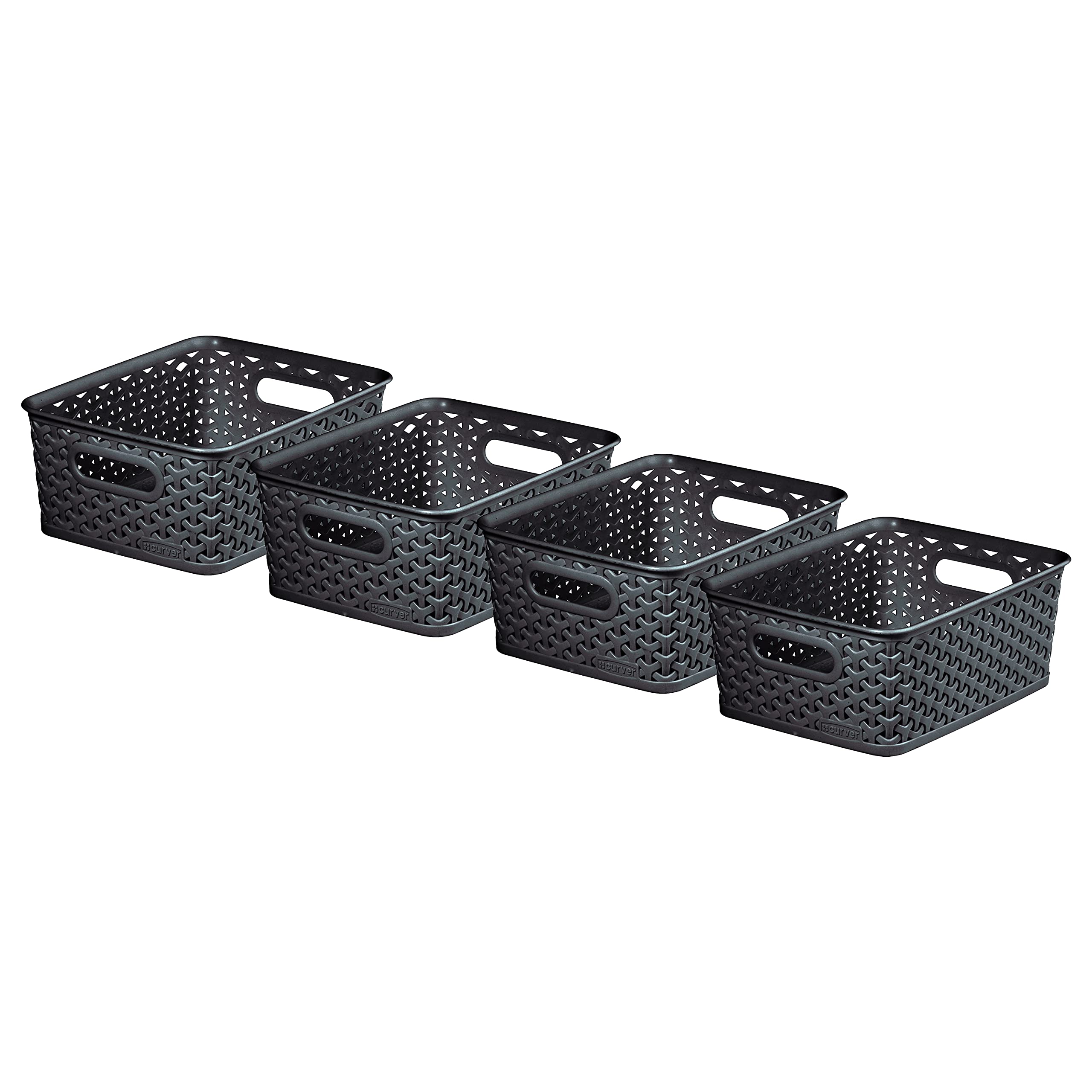 Curver My Style Rattan Effect Set of 4 Kitchen, Living Room, Bathroom, Bedroom, Utility Small Rectangular Storage Baskets 4 Litres - Anthracite, Dark Grey [Missing: special_feature]