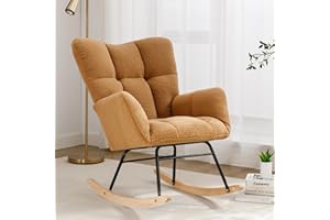 Affmitime Nursery Rocking Chair, Modern Teddy Fabric Nursing Chair for Mom and Baby, Accent Upholstered Rocker Glider Chair with High Backrest for Nursery Bedroom Living Room (Khaki)