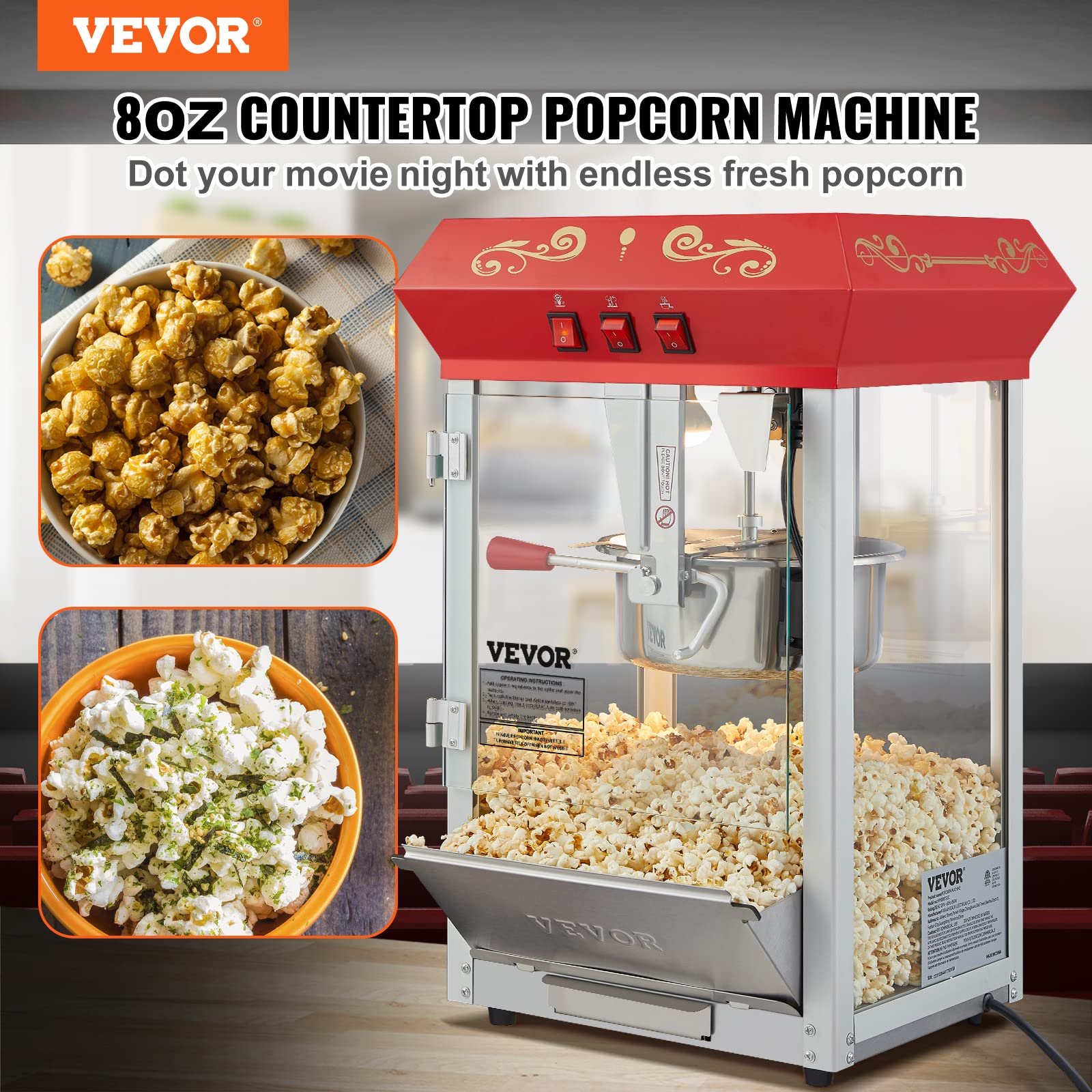 VEVOR Máquina comercial de palomitas de maíz, hervidor de 8 onzas, máquina de palomitas de maíz de encimera de 850 W para 48 tazas por lote, popper estilo teatro con control de 3 interruptores, marco de acero, puertas de vidrio templado, 2 cucharadas, 2 cucharas, rojo