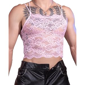 Mens Sissy Lace Cami Top Floral Sheer Ruffle Camisole Slim Crop Top Lingerie See Through Undershirt
