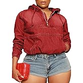 Tycorwd Women's Plus Size Half Zip Denim Hoodie Sweatshirt Pullover Jacket Jean Tops with Pockets