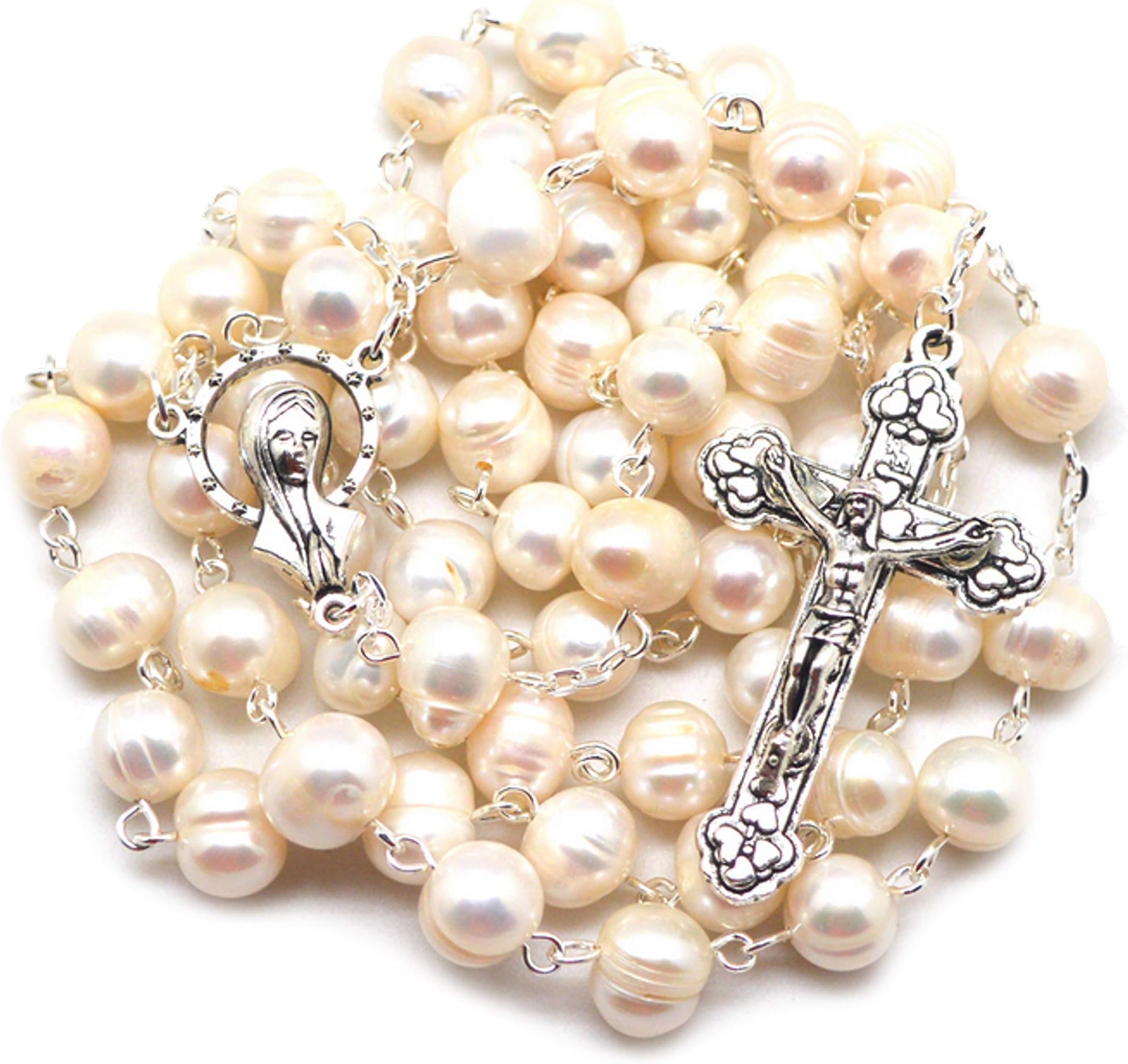 Virgin Mary Genuine Freshwater Pearl Rosary. Silver Plated