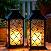 Dekofun 2 Pack 14'' Large Tempered Glass Solar Lanterns Outdoor Waterproof | Black retro solar lantern with flickering flameless candles, ideal decoration for wall, porch, patio, table and garden.