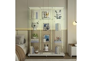 Yoluckea 4 Tiers Glass Display Cabinet Extra Large with Bluetooth LED Light Strip, 2 Doors Floor Standing Curio Cabinet with Universal Wheel for Home, White Glass Bookshelf for Collections, Clear Top