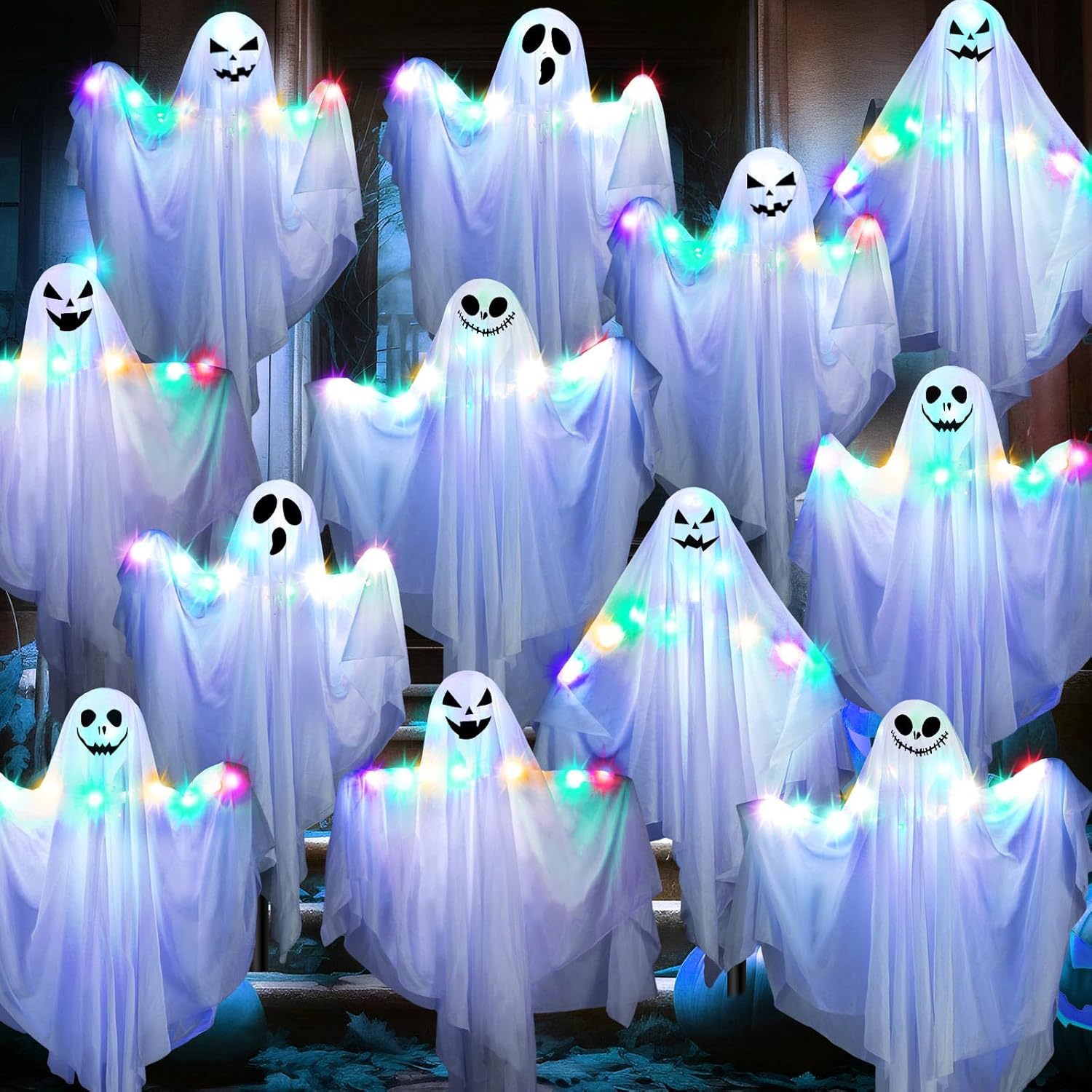 Decorative Garden Stakes - Liliful 12 Pcs Halloween Ghost Yard Stakes with Light up 24 Inch Multicolored LED White Ghost Stakes Outdoor Ghost Decorations Decorative Garden Stakes for Indoor Holiday Party, Lawn, Patio, Yard