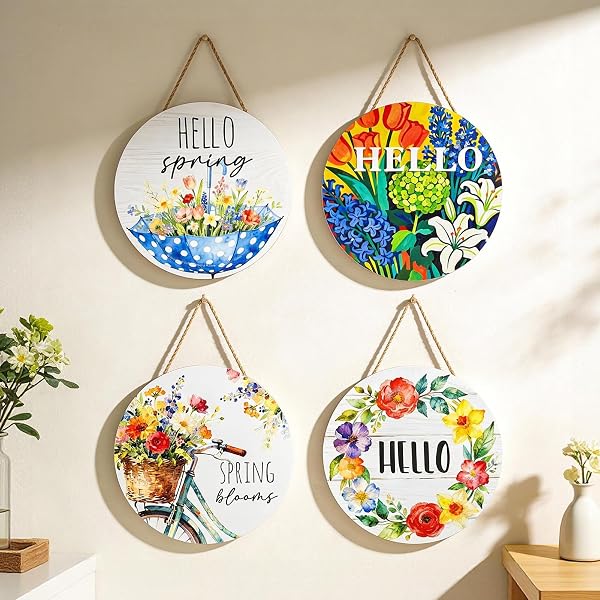 4 PCS HELLO SPRING DECORATIONS FOR HOME, COLORFUL FLOWERS WOODEN HANGING SPRING DOOR SIGN, WELCOME FLORAL LANDSCAPE WALL ART HANGER FOR FRONT DOOR DECORATION, 11.81″X11.81″ PROCH WREATH DECOR