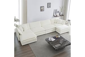 GNIXUU 146“ Oversized Modular Sectional Sofa Cloud Couch for Living Room, Modern Chenille Large U Shaped Couch, Comfy Deep Seat Couch with Reversible Chaise & Cushions(6 Seater, Beige White)