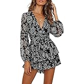 AIMCOO Women's Floral Print Deep V-Neck Romper Double Layer Ruffle Hem Jumpsuits Long Baggy Sleeves Waist Tie Short Rompers