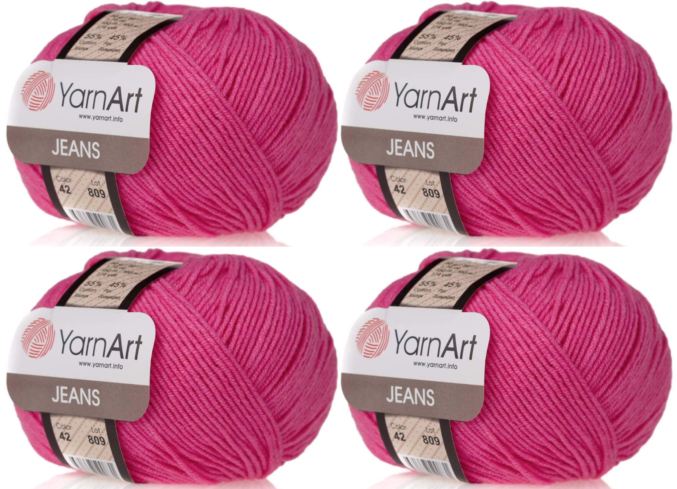 Photo 1 of 4 Skeins YarnArt Jeans 55% Cotton 45% Acrylic Yarn Blend Thread Crochet Hand Knitting Art Lot of 4skn 200 gr 696 yds (42-Pink)