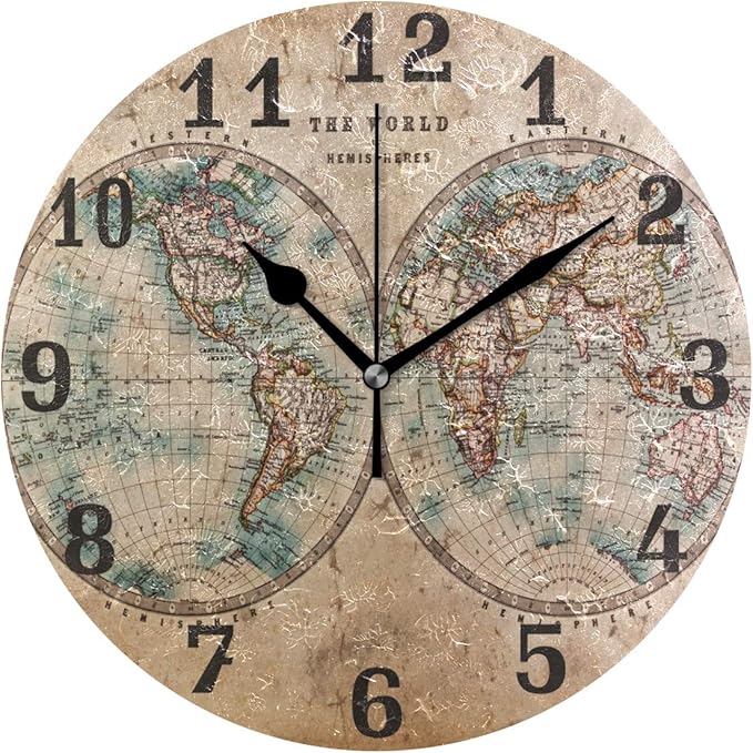AUUXVA KUWT Old Vintage World Map Wall Clock Silent Non