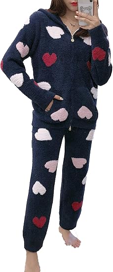 Amazon Elledk ルームウェア レディース パジャマ もこもこ 上下セット 厚手 可愛い 気持ちいい 暖かい 部屋着 お姫様 ふわもこ 寝巻き 秋冬 長袖 紺 パジャマ ルームウェアセット 通販