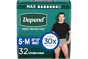 Depend Fresh Protection Adult Diapers, Incontinence Underwear for Men, Disposable, Maximum, Small/Medium, Grey, 32 Count, Packaging May Vary