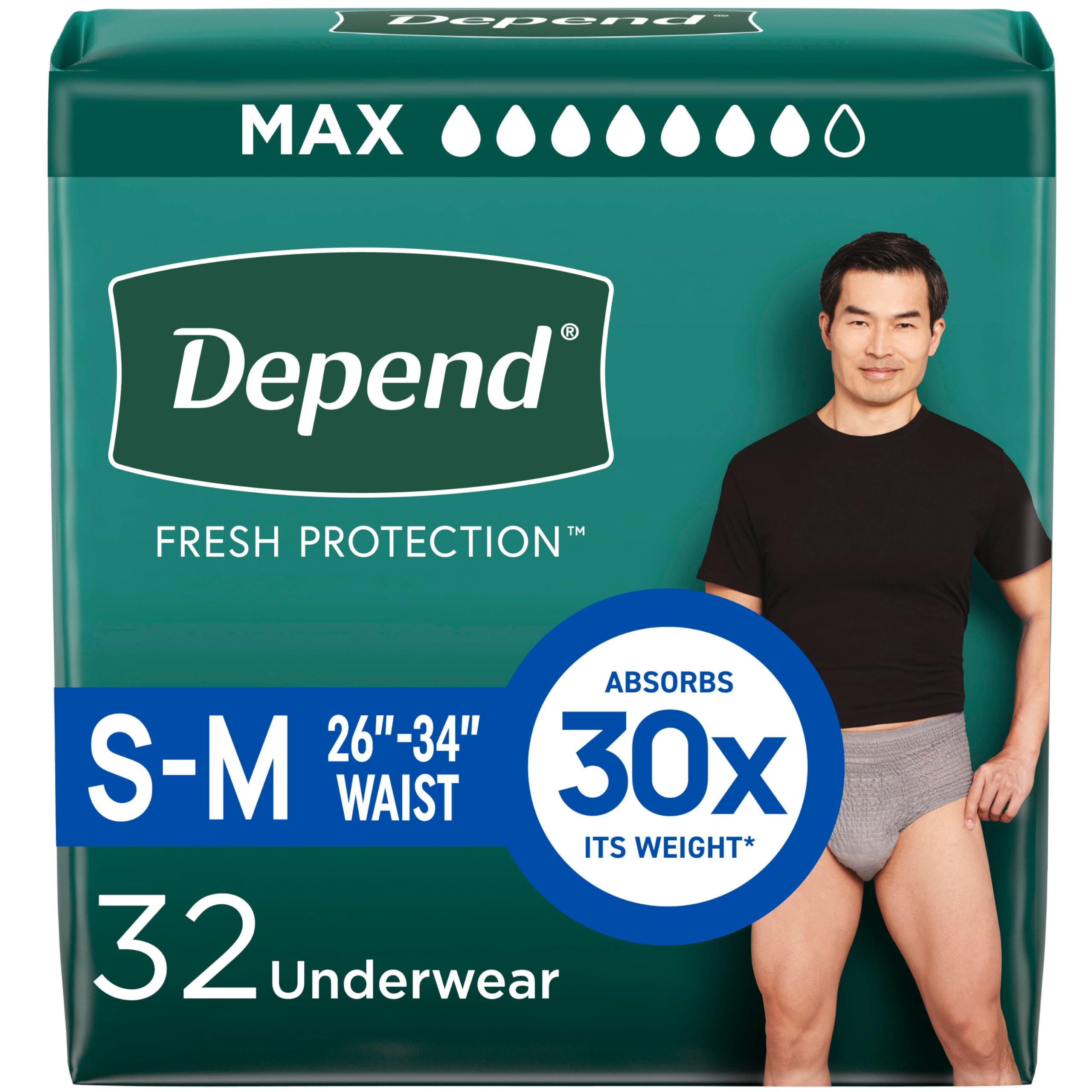 Photo 1 of Depend Fresh Protection Adult Diapers, Incontinence Underwear for Men, Disposable, Maximum, Small/Medium, Grey, 32 Count, Packaging May Vary