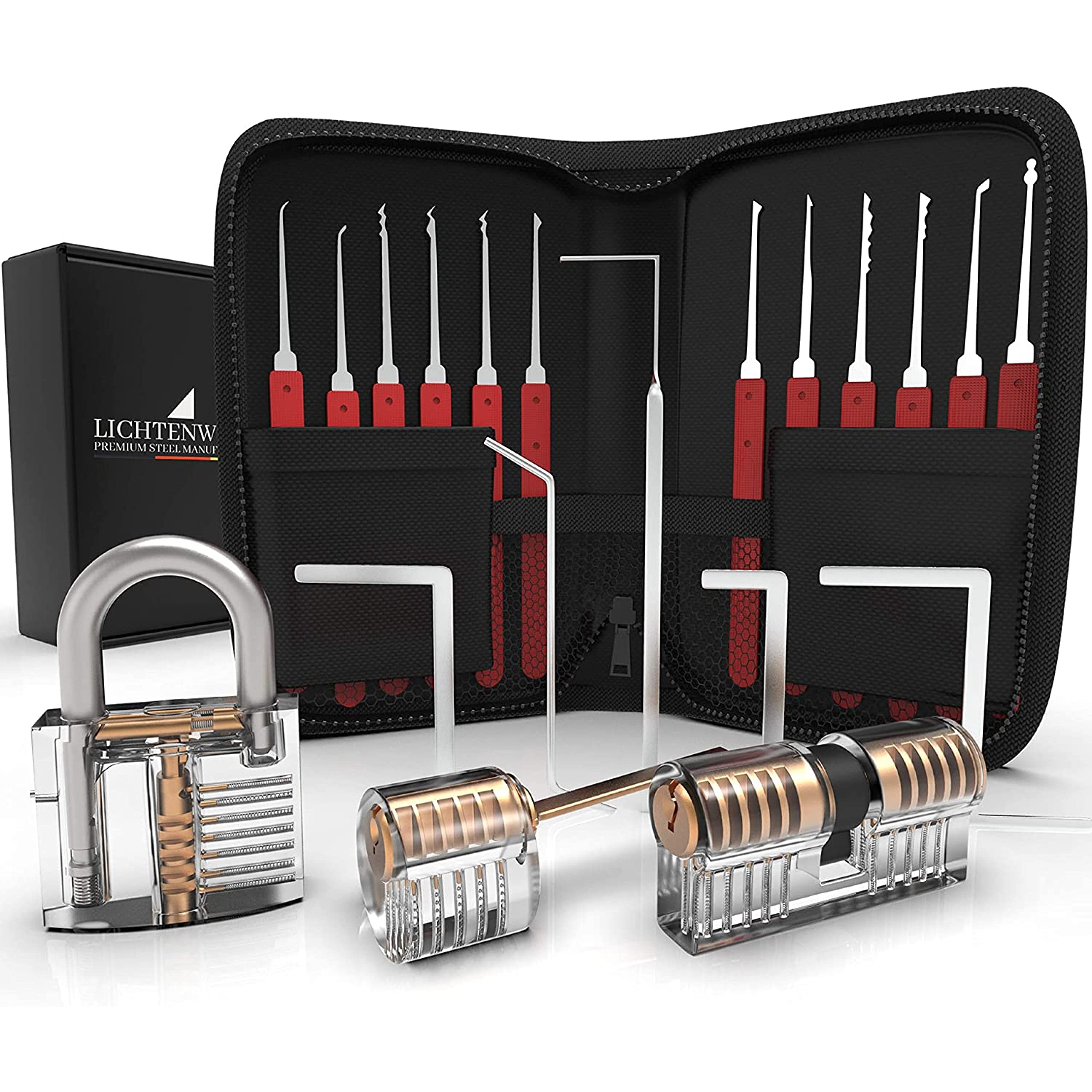 MEISTERGUT® The Original XXL Professional Lock Picking Set [24-Piece] – Pick Set with 3 Transparent Practice Locks – Lock Picking Kit for Beginners and Professionals All Locks, red
