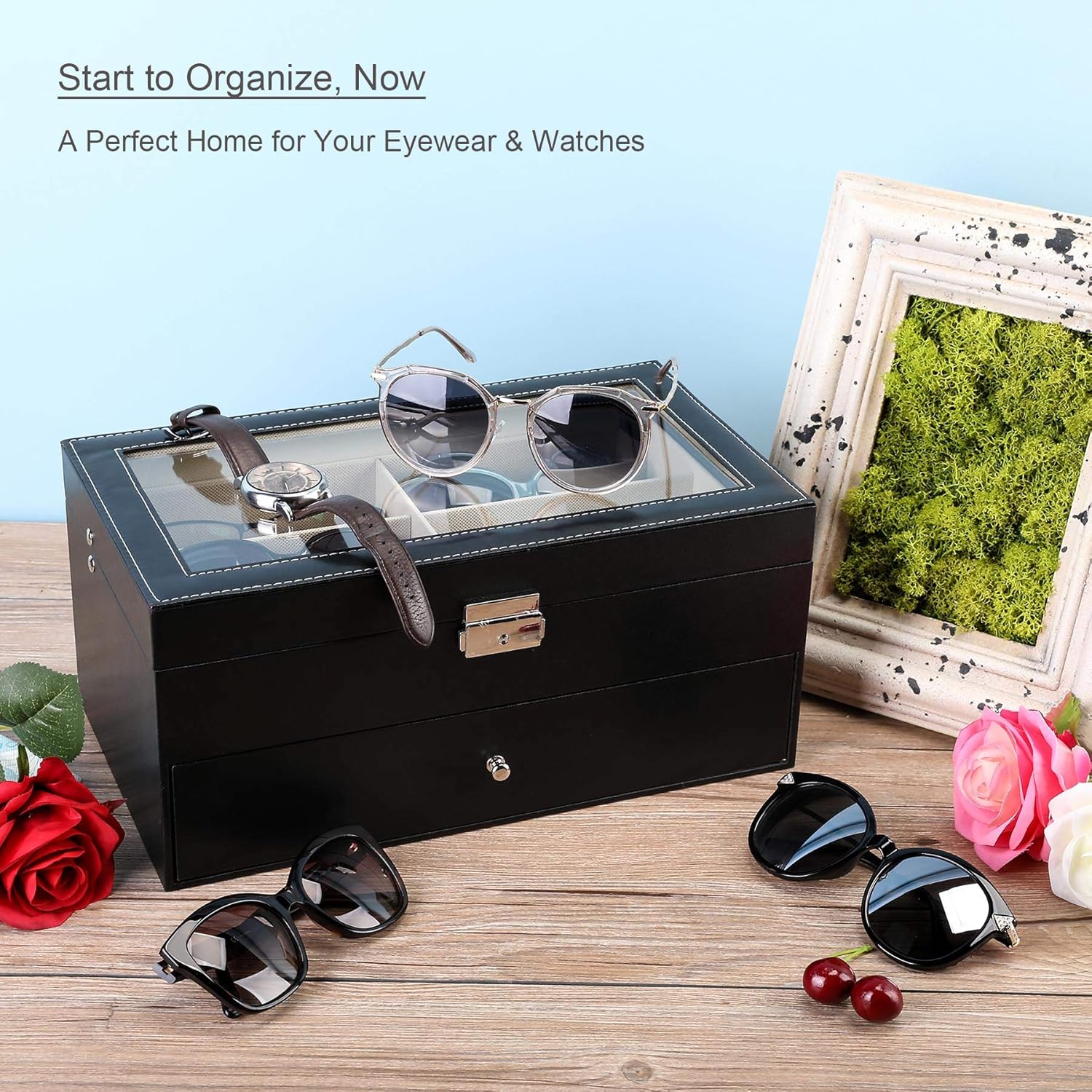 CO-Z Sunglasses Organizer for Women Men, Multiple Eyeglasses Eyewear Display Case, Leather Multi Sunglasses Jewelry Collection Holder with Drawer, Sunglass Glasses Storage Box with 12 Compartments: Home & Kitchen