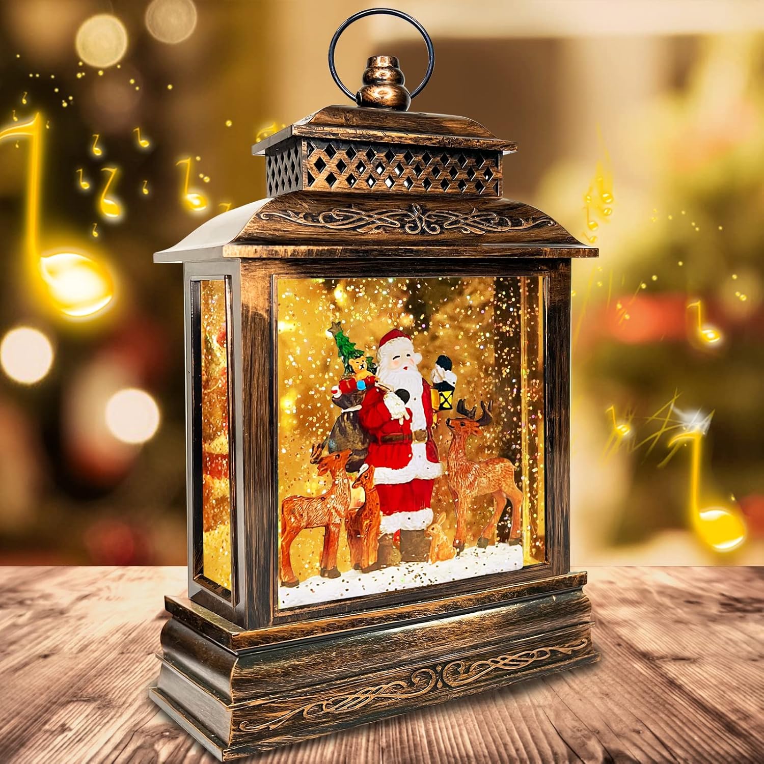 Snow Globes - TURNMEON Musical Lighted Water Lantern Christmas Snow Globe Decorations Santa Elk with Timer 8 Songs Swirling Glitter Snow Globe Lantern USB or Battery Operated Christmas Decorations Home Indoor Gifts