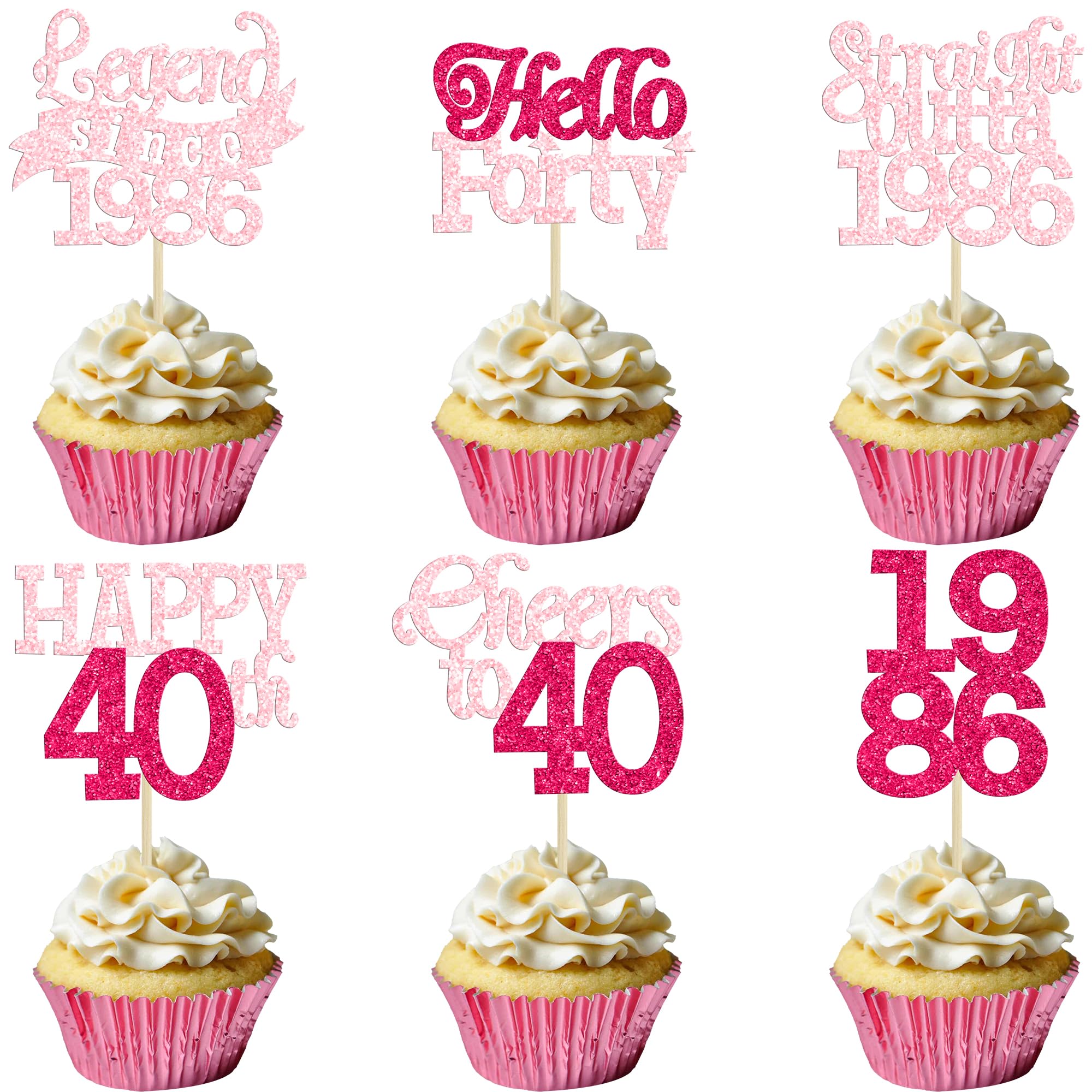 Gyufise 24Pcs Happy 40th Birthday Cupcake Toppers Hello Forty Legend Since 1986 Cupcake Picks Cheers to 40 Years Cake Decorations for 40th Birthday Anniversary Party Supplies Pink Rose Red
