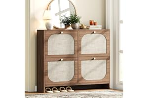 Nicetree Freestanding Arched Rattan Accent Ultra Slim Shoe Cabinet for Entryway - 4 Flip Drawers & 3-Tier Adjustable Shelves, Farmhouse Modern Rustic Shoe Rack for Hallway, Foyer, Living Room