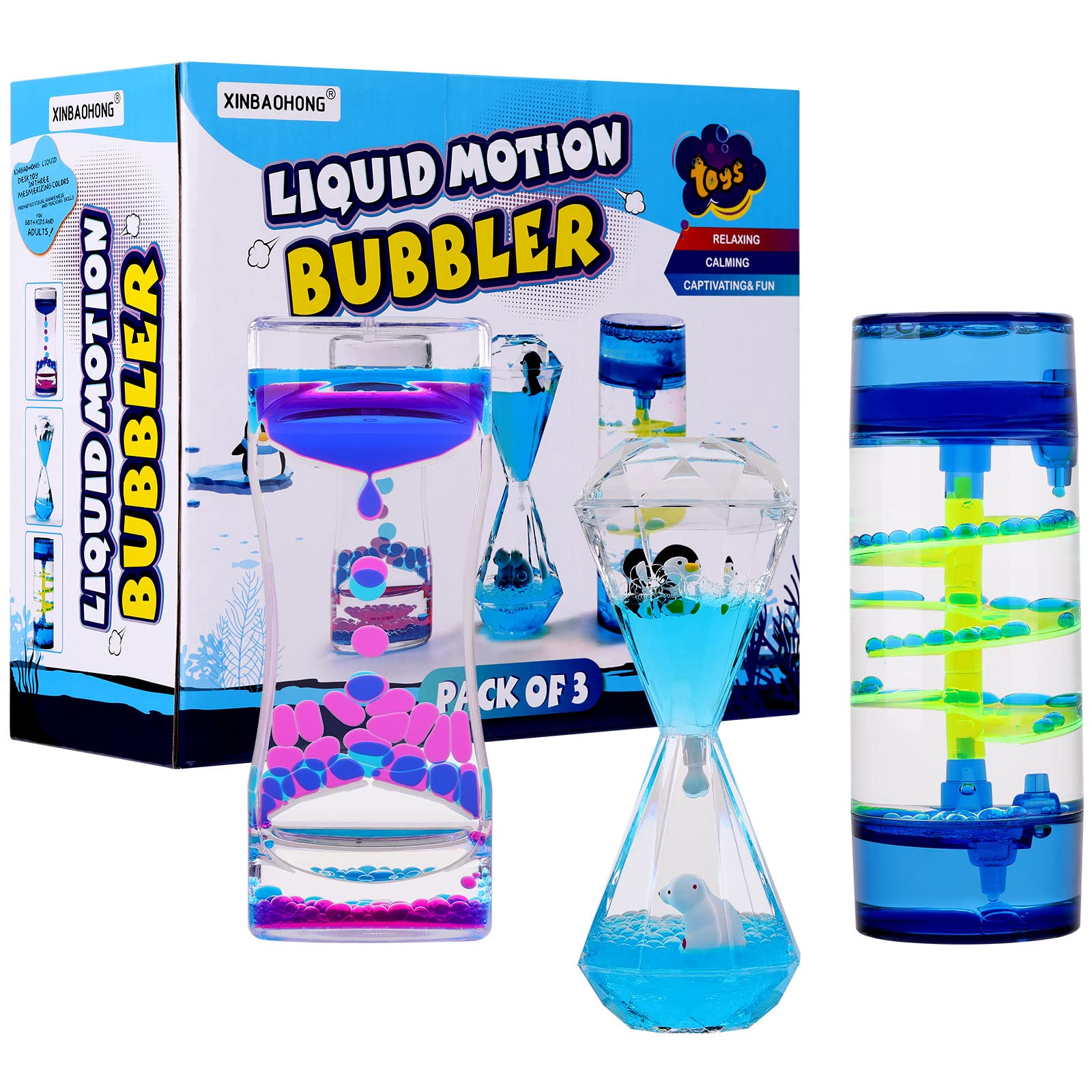 Photo 1 of XINBAOHONG Liquid Motion Bubbler for Kids and Adults 3-Pack Hourglass Liquid Bubbler Timer for Sensory Play Fidget Toy Stress Management Desk Decor