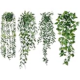 Sggvecsy Fake Hanging Plants 4 Pack Artificial Hanging Eucalyptus Plants Fake Potted Greenery Faux Eucalyptus Mandala Vine Ivy Vine Leaves Pea Pod for Home Indoor Outdoor Wall Garden Decor