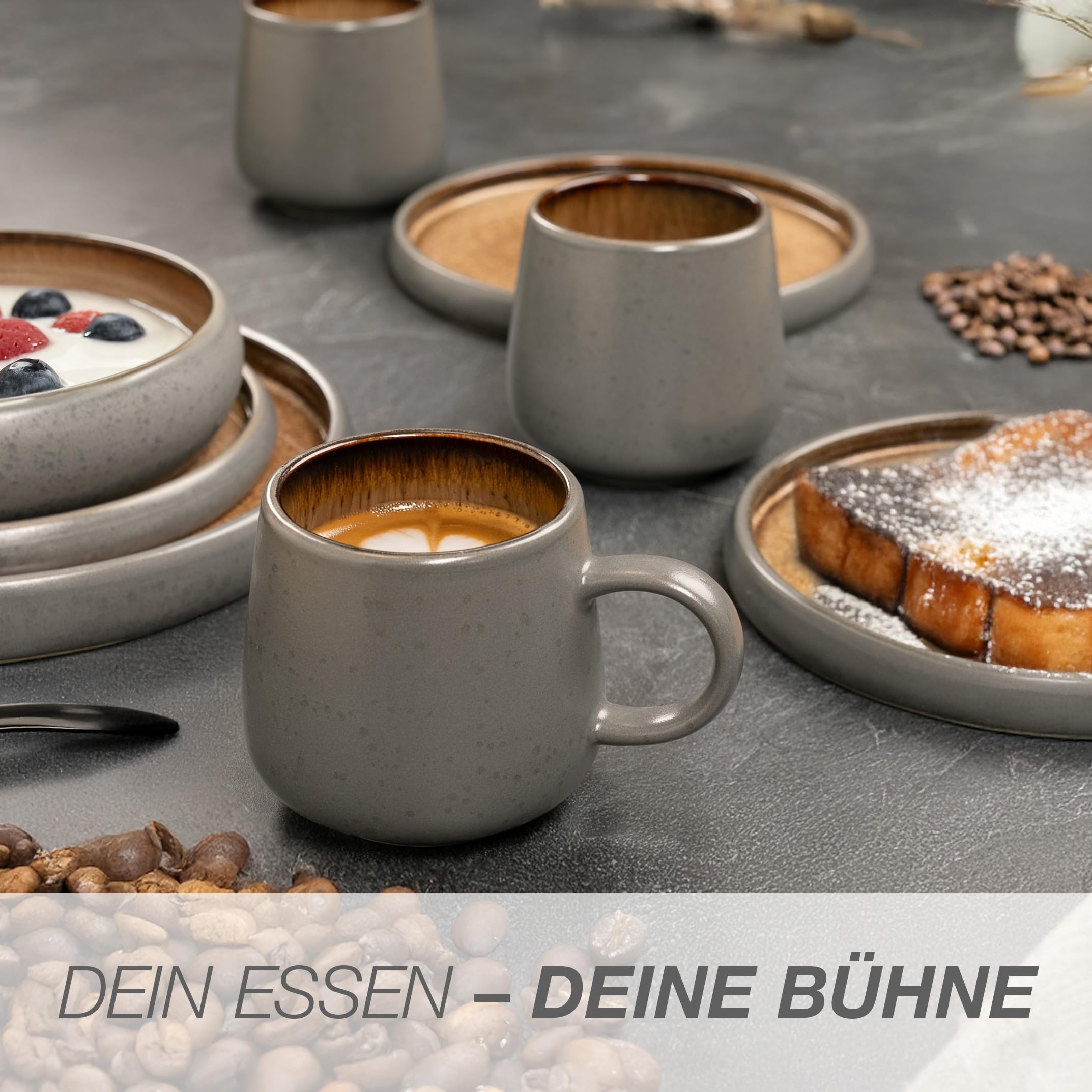 Moritz & Moritz SOLID 6er Tassen Set Grau/Beige - Kaffeebecher Set aus robustem Steinzeug - 400ml Volumen - Spülmaschinen- & mikrowellenfest - Perfekt für Kaffee, Tee & mehr 6