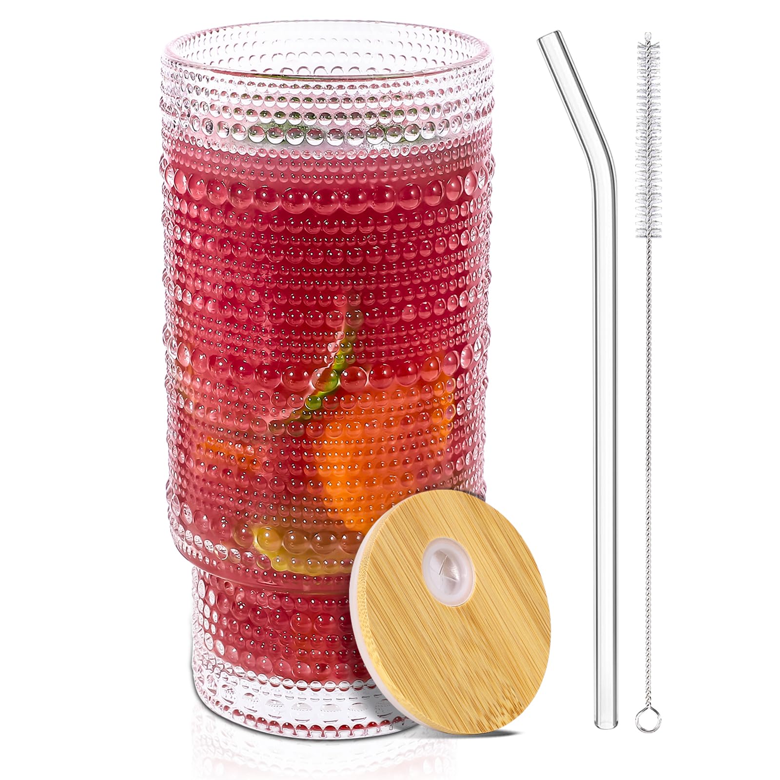 Photo 1 of 16 Oz Glass Cup with Lid and Straw, Vintage Embossed Glassware for Whiskey Cocktail Beer, Iced Coffee Cup with Lid, Glass Tumbler (1 PACK)