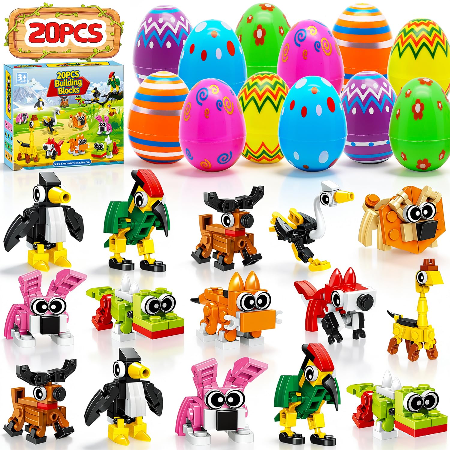 20 PCS Prefilled Easter Eggs with Toys, Animal Building Blocks Easter Egg Hunt Party Favors for Kids, Mini Building Toys Set Easter Basket Stuffers, School Classroom Prizes Easter Gifts for Boys Girls