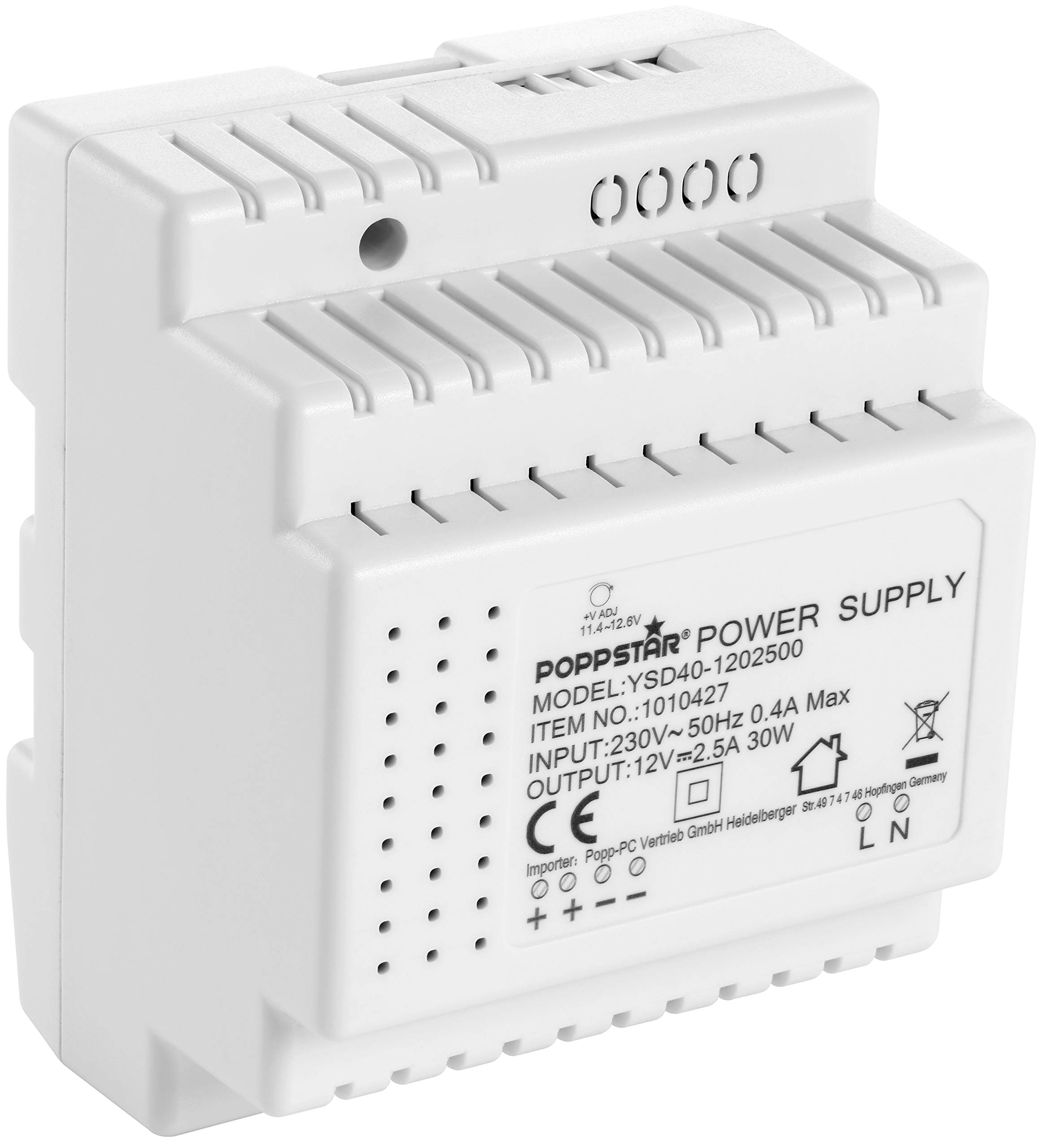 POPPSTAR 12 V DC 2.5 A 30 W DIN Rail Power Supply, Corded Electric, Current Rating 2.5 amps, Din Rail Mount, Adjustable Voltage 11.4V-12.6V DC, Overload Protection, Input 100-240 V AC 50/60 Hz
