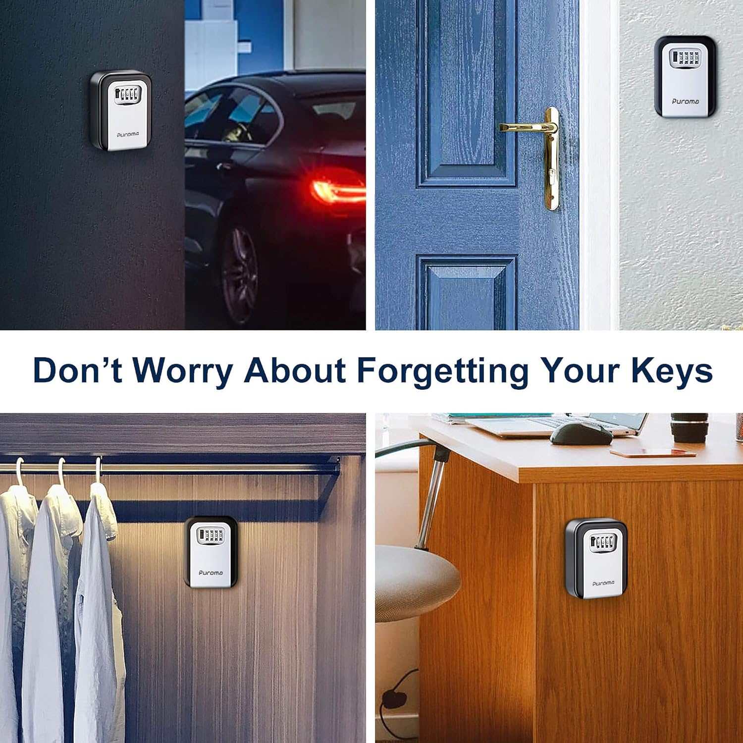 Puroma Security Key Lock Box, 4-Digit Combination Waterproof Portable Key Storage Lockbox Wall Mount 5 Key Large Capacity for House Key, Special Car Key, ID Card (Black & Gray) : Office Products